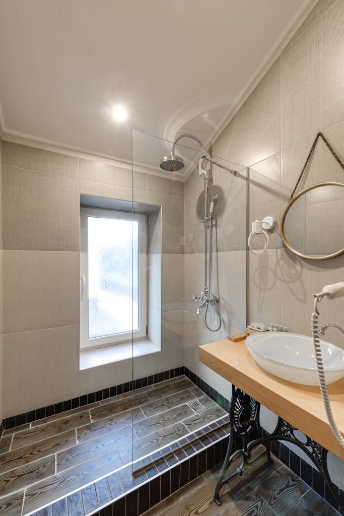 Interior design of bathroom with walk in shower